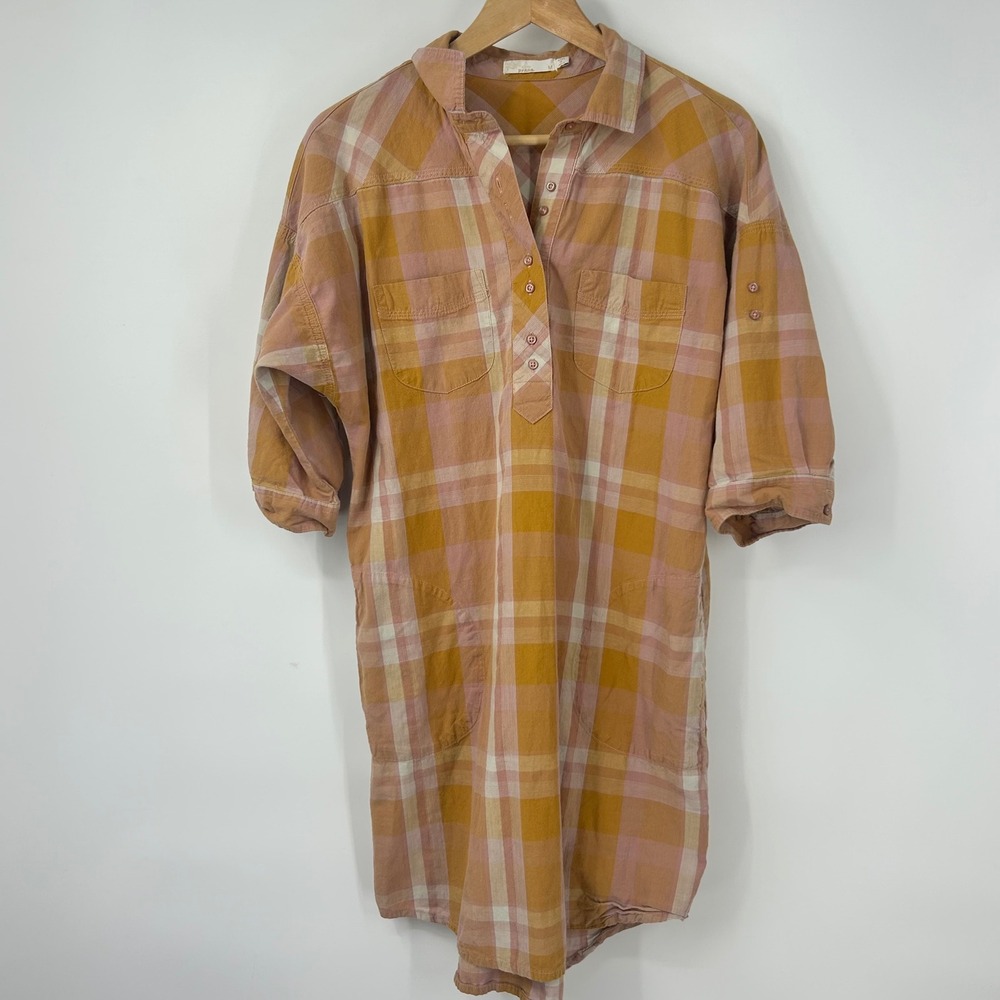 prAna Deryn Dress Womens Medium Mustard Pink Plaid Henley Shirt Dress Pockets
